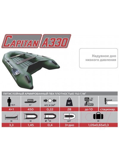 Лодка ПВХ Тонар Капитан A330 / 4999933 (зеленый)