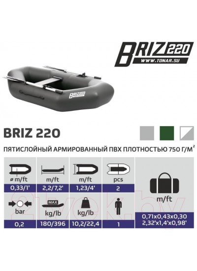 Лодка ПВХ Тонар Бриз 220 / 4999925 (серый)
