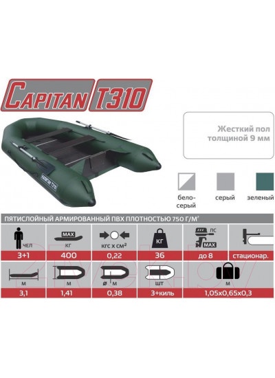 Лодка ПВХ Тонар Капитан Т310 киль+пол (серый)