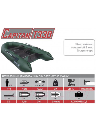 Лодка ПВХ Тонар Капитан Т330 слань+киль / 4897020 (зеленый)