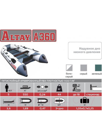 Лодка ПВХ Тонар Алтай А360 с надувным дном (зеленый)
