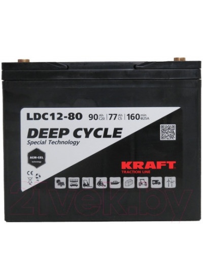 Аккумулятор лодочный KrafT 12V-90Ah C20 L тяговая / LDC12-80